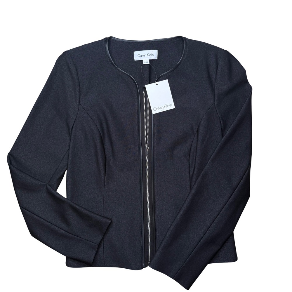 Women's Black Calvin Klein Blazer size 10 Faux Zip Front Jacket interview outfit